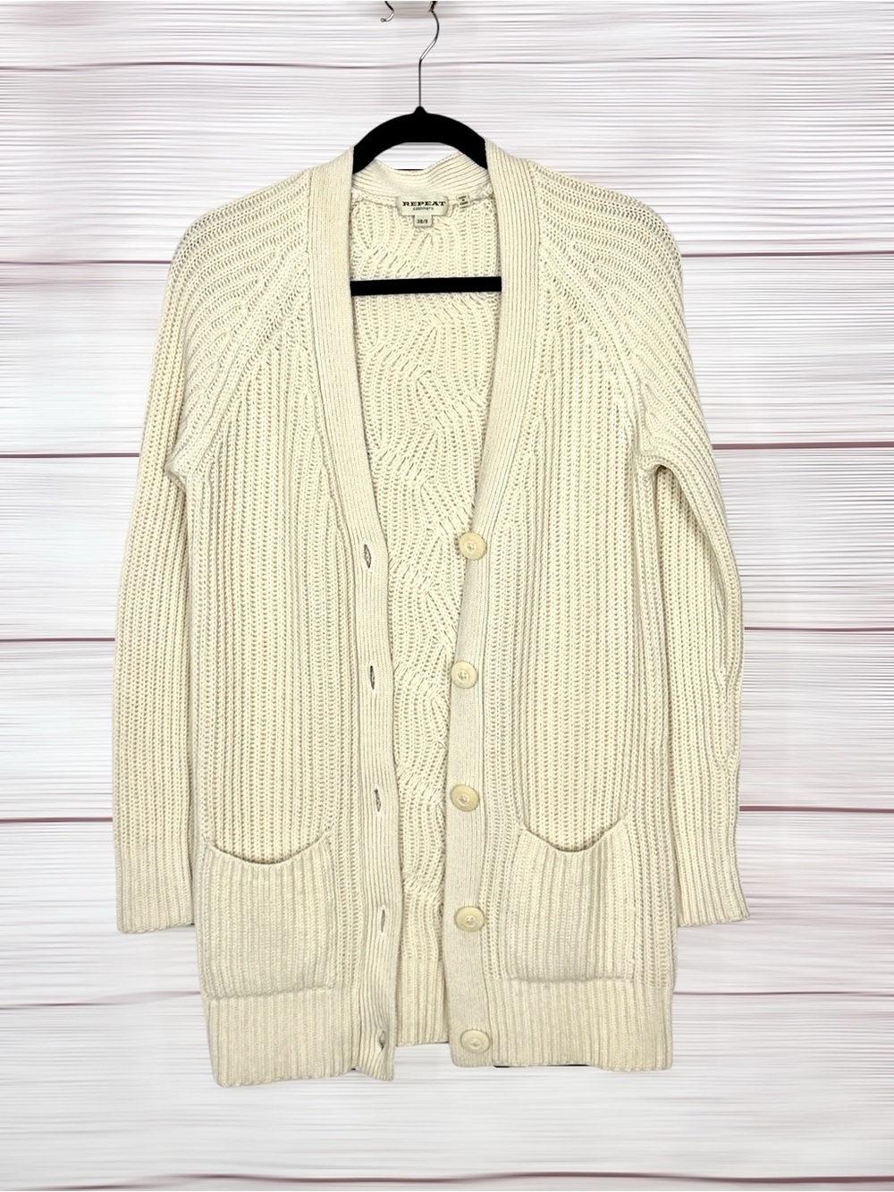 REPEAT Cashmere Rib Knit Long Cardigan Sweater Cream Color V-neck Pockets size S